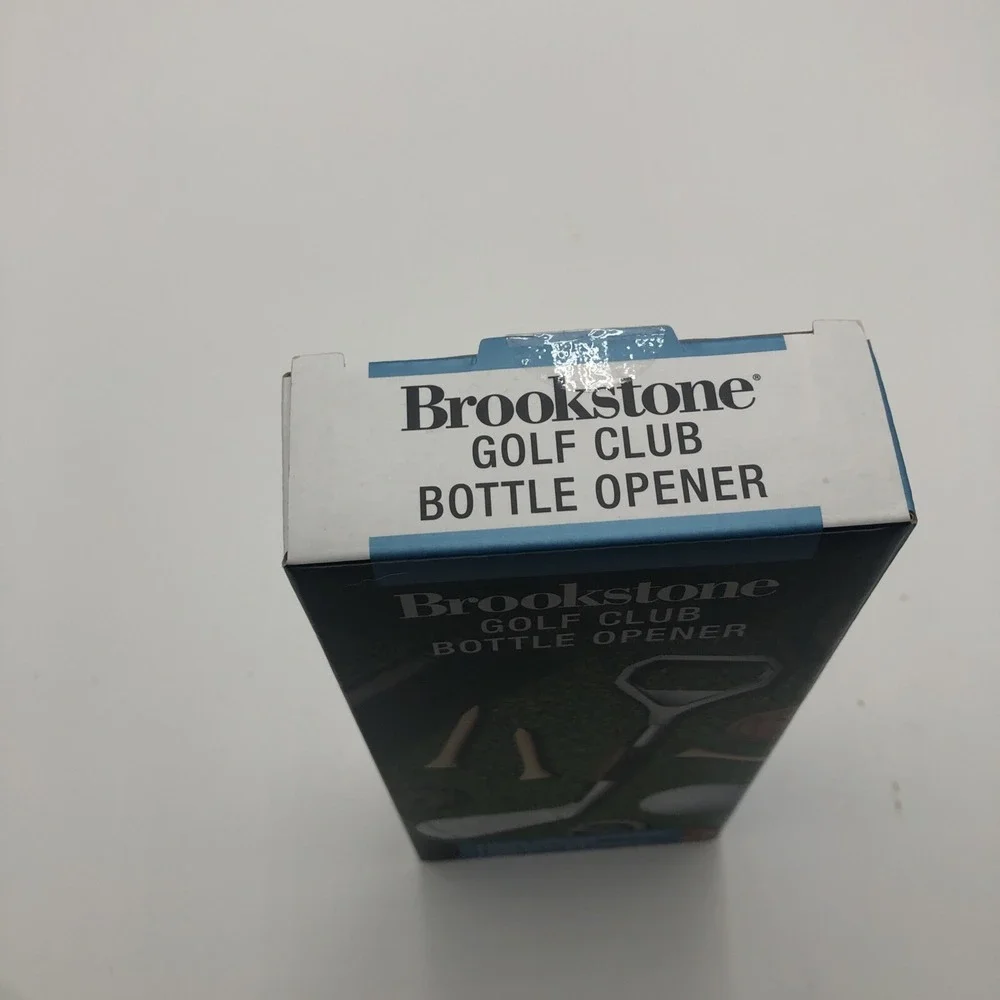 Brookstone Golf Club Bottle Opener Beer Soda New W Box Nickel Plated Wood Accent